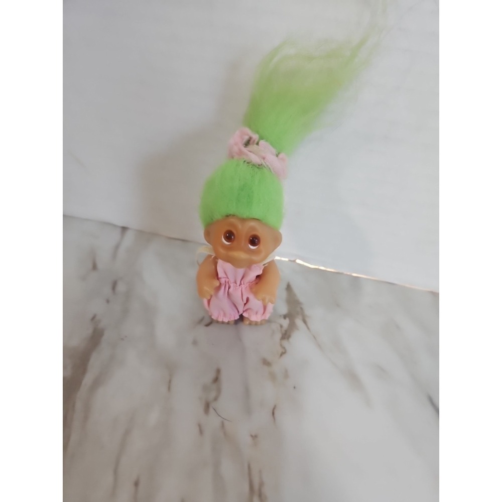 Norfin Dam Troll Doll Small Green Hair Overalls sad eyes 1985 collectables